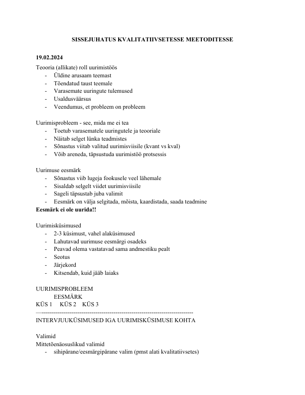 Konspekt - sissejuhatus kvalitatiivsetesse meetoditesse (ajakirjandus ja kommunikatsioon)