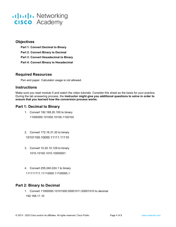 5.1.1 Lab - Converting Binary to decimal and hex Answers