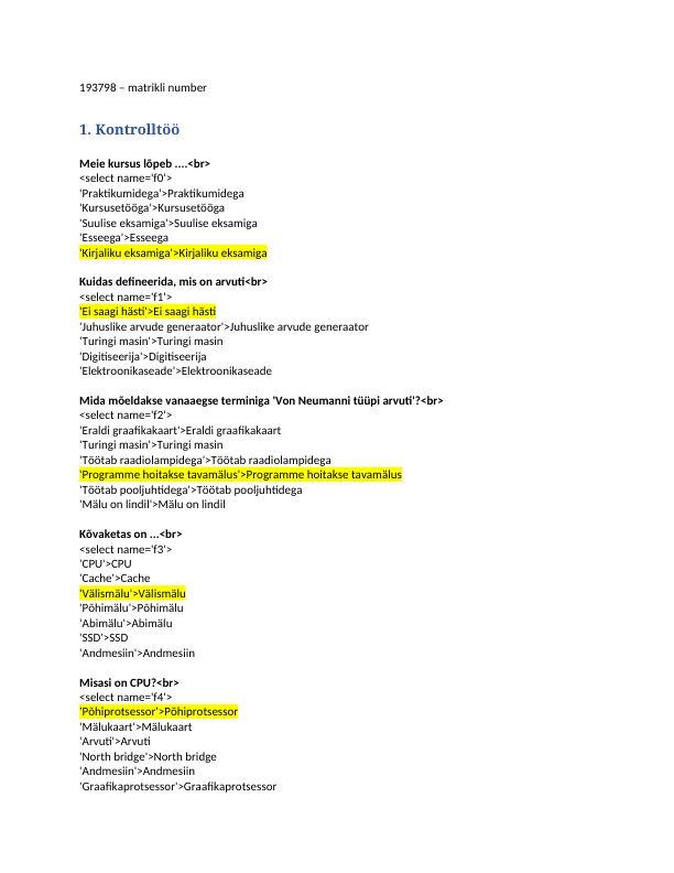 Sissejuhatus Infotehnoloogiasse iganädalaste küsimustike vastused