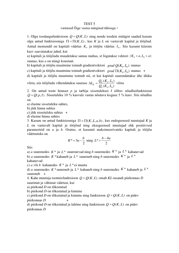 Majandusmatemaatika Test 5 vastused